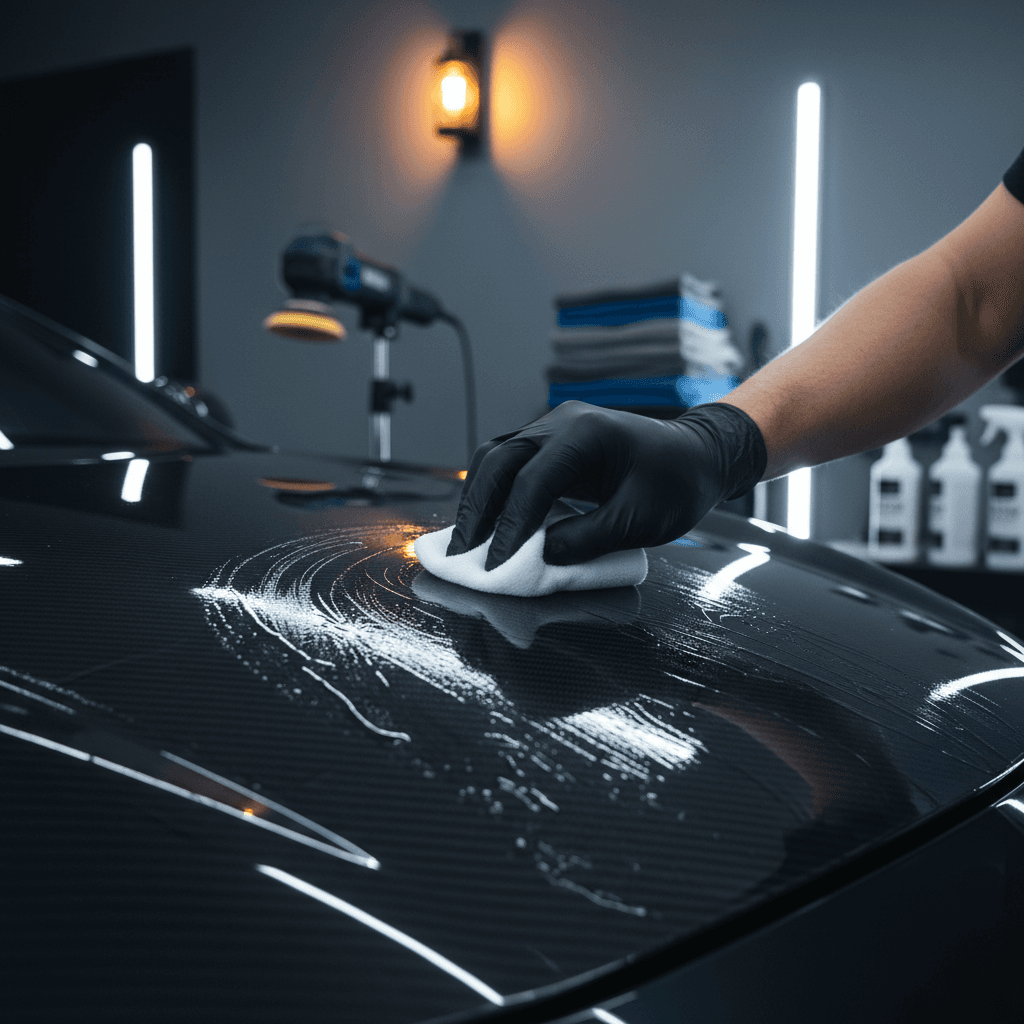 Red sports car transformation - oxidized flat finish enhanced to deep glossy protected surface